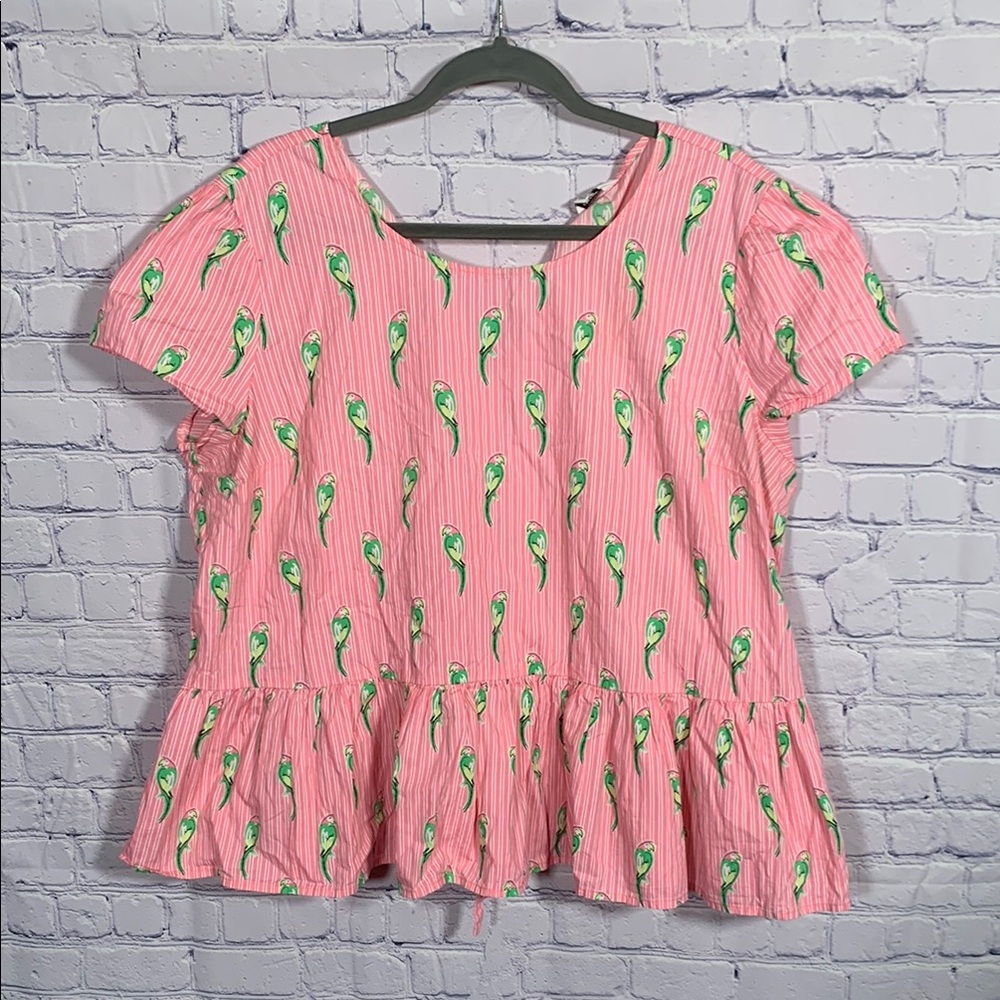 Crown & Ivy Womens Striped Parrot Print Blouse Ruffle Pink Size XXL Vacation